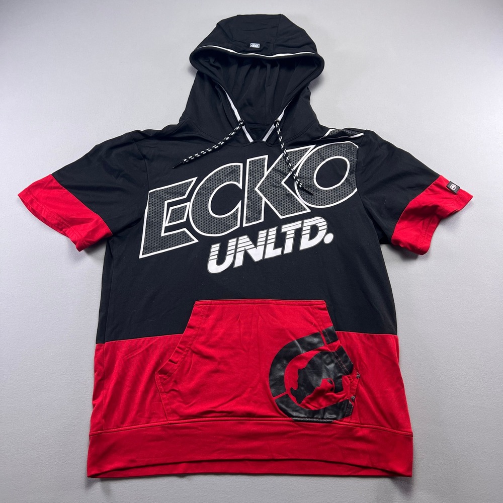 Ecko Unltd Hoodie Mens M Red Black Colorblock Rhinoceros Logo Kangaroo Pocket